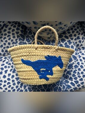 Woven Straw Tote with Bright Blue SMU horse accent
